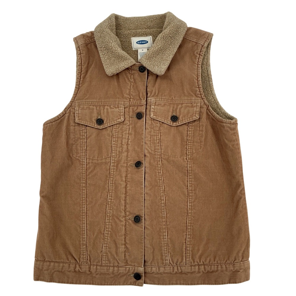 Vintage Old Navy Vest Womens M Tan Corduroy Shearling Lined Trucker Y2K Fall 02